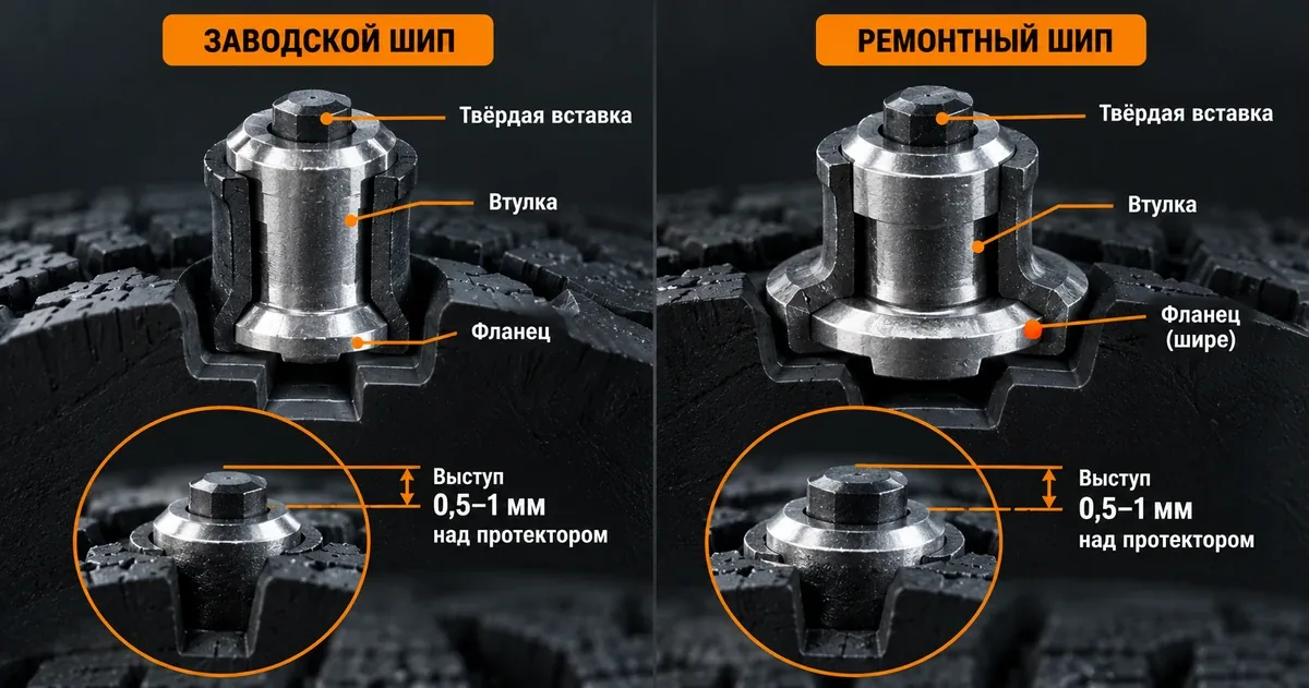 Заводской и ремонтный шип в разрезе: твёрдая вставка, втулка, фланец, выступ 0,5–1 мм