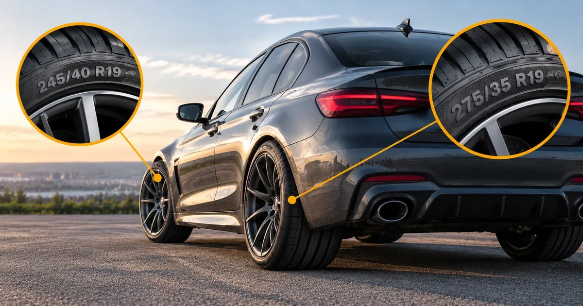 Машина сзади в три четверти: спереди шина 245/40 R19, сзади 275/35 R19